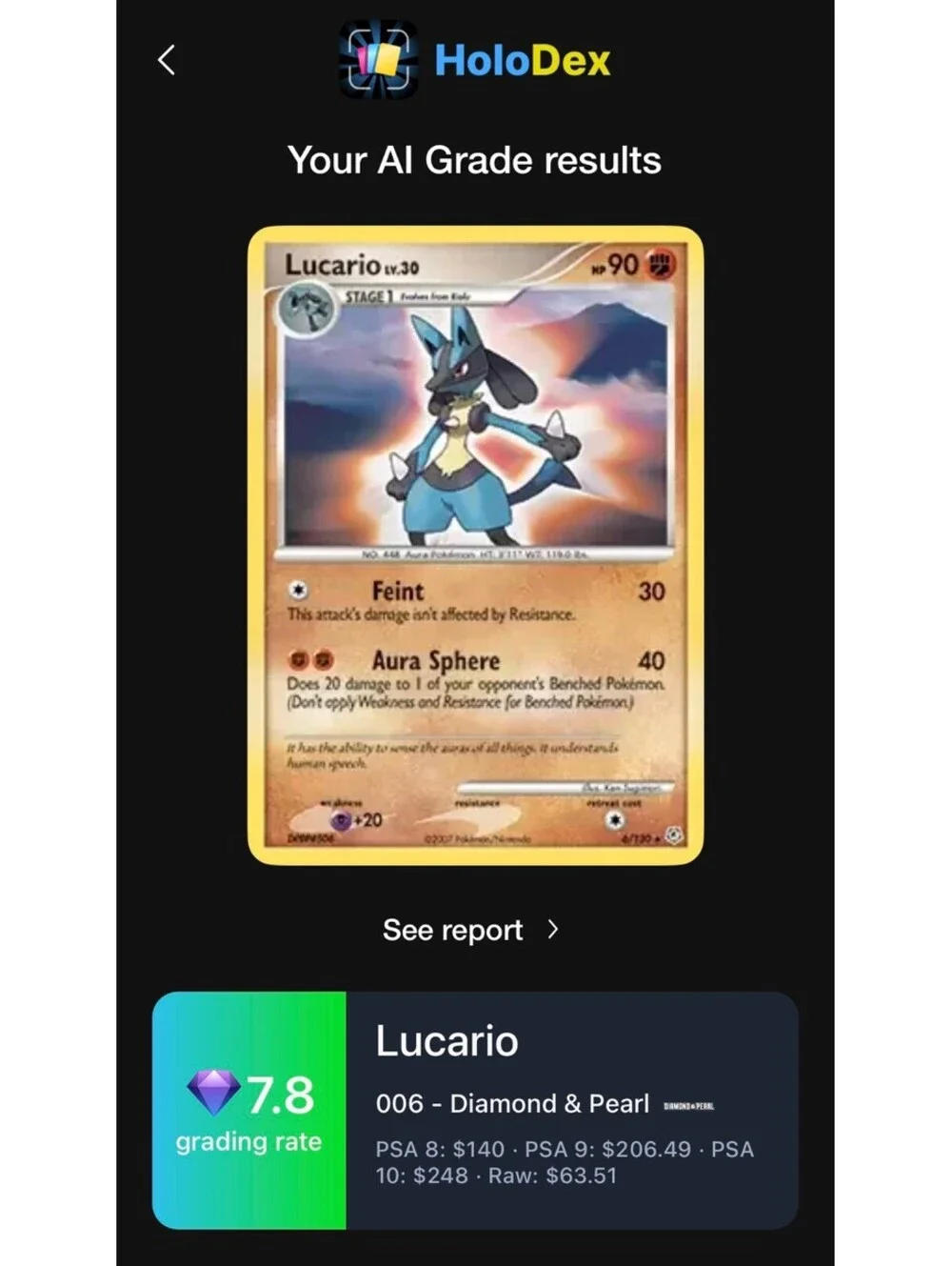 Lucario 6/130 Reverse Holo Diamond & Pearl 2007 Pokemon Card HoloDex 7.8